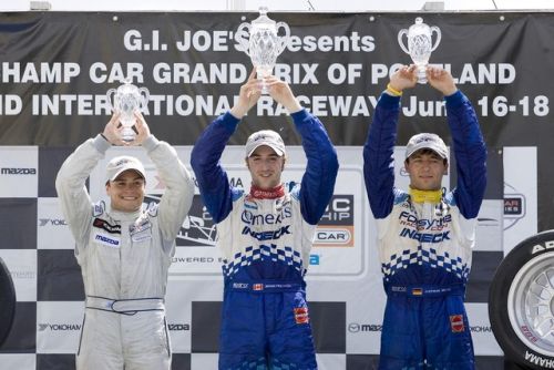Het Atlantic podium van Portland met Ryan Lewis (links), James Hinchcliffe (midden) en Andreas Wirth (rechts)