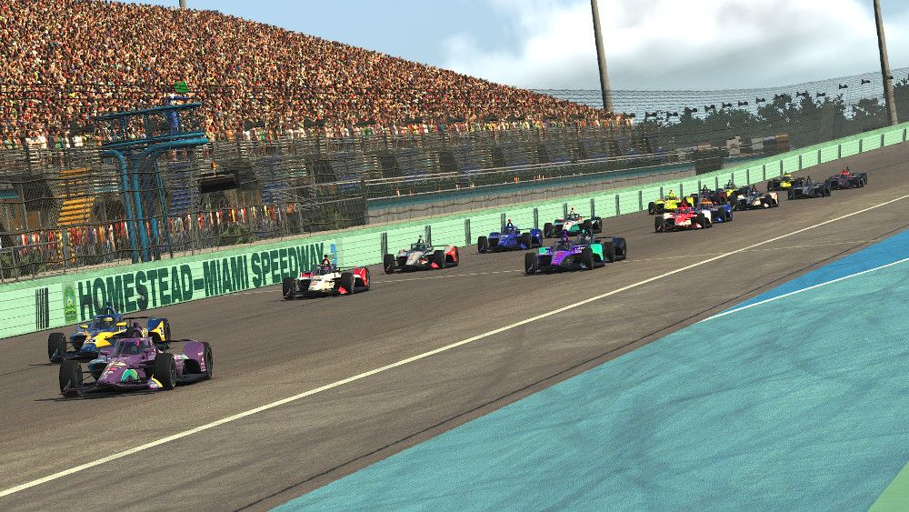 De start van de IndyCar iRacing race op Homestead