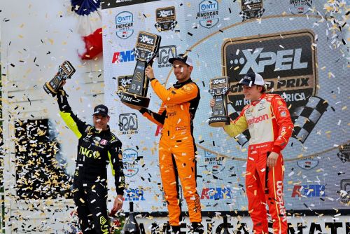 Het podium op Road America: Will Power, Christian Lundgaard en David Malukas
