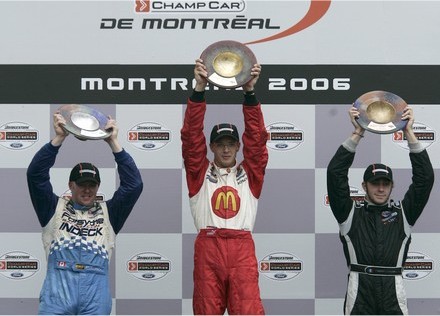 Het podium van Montreal met Paul Tracy, Sebastien Bourdais en Nelson Philippe