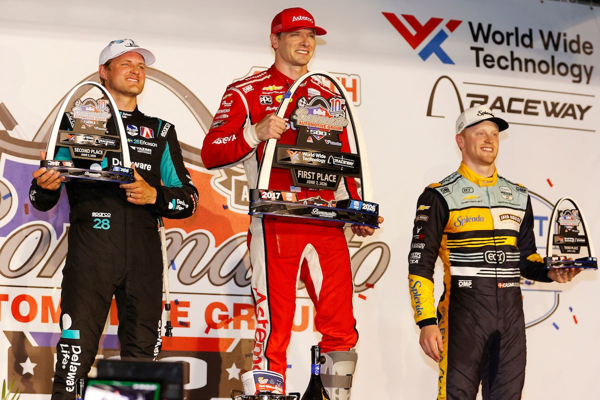 Marcus Ericsson, Josef Newgarden and Christian Rasmussen at the podium at Gateway